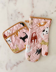 Cats Cotton Oven Mitt + Pot Holder Set